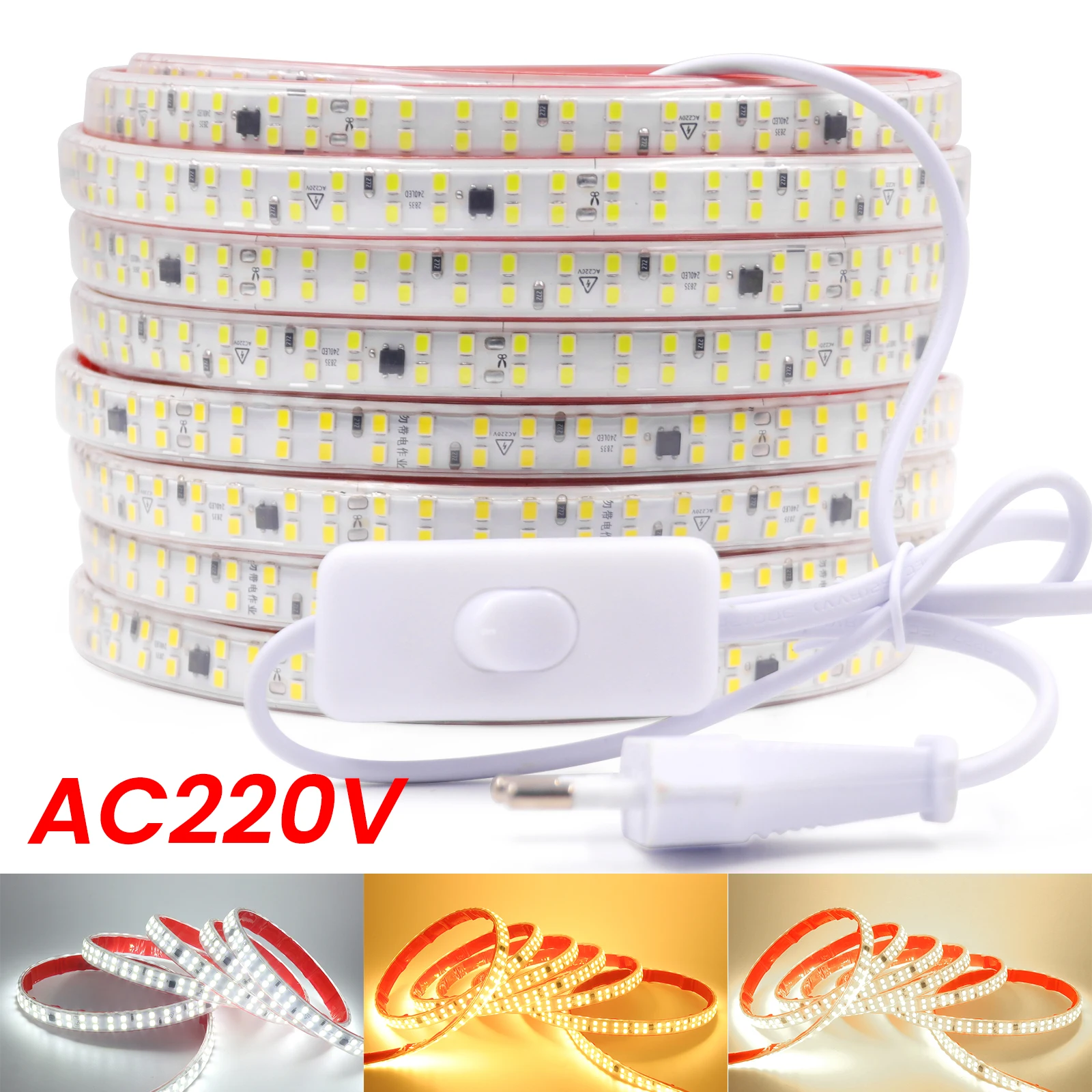 Lampu Strip 230V 240LED/m, dengan IC 220V 5m 10m 20m 30m 2835 IP67 pita perekat fleksibel tali 2pin sakelar kawat Kit daya potongan 10CM