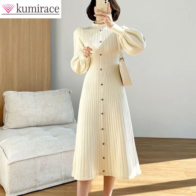 Autumn Knitted Dress Korean Edition New Slim Fit Long Sleeve Medium Length Lantern Sleeve Bottom Skirt with Inner Woolen Dress