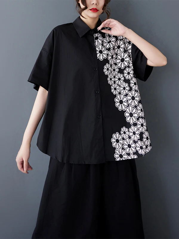 ユニークで美しい女性の夏のプリントデザイン韓国風ゆったりフィット襟付きカジュアルファイオントップ
