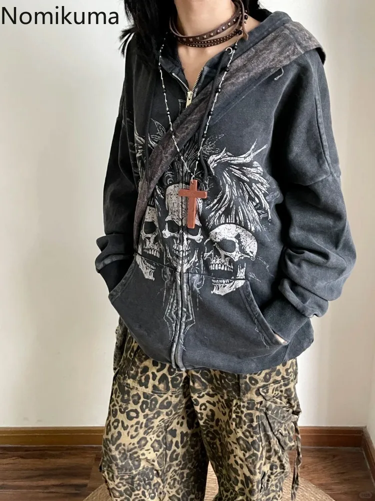 Harajuku Y2K Hoodies Streetwear Skull Print Zipper Jackets Long Sleeve Hooded Sweatshirts Casual Fashion Oversized Tops Women
