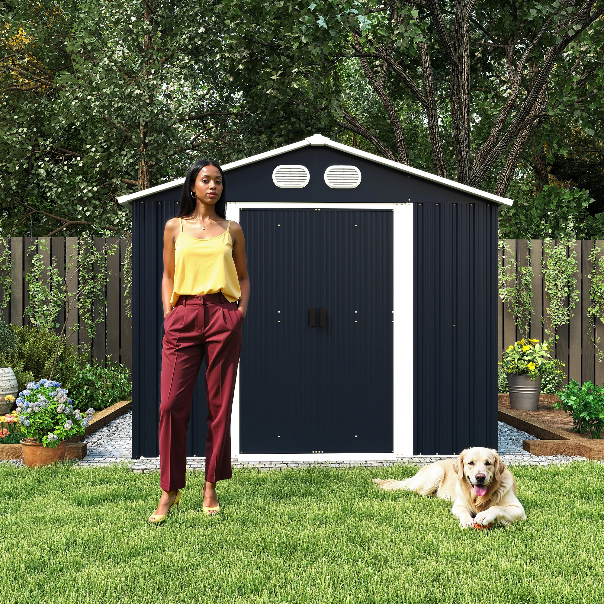 Campcraft 8x12 FT Large Metal Storage Shed Outdoor Waterproof Garden Tool Shed with Lockable Door & Sloped Roof for Backyard Lawn Patio, Dark Gray