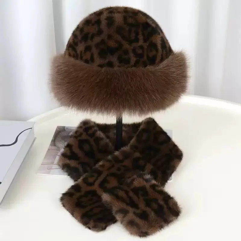 2 pcs Autumn Winter European American Imitation Mink Fur Fashion Versatile Leopard Print Hat Scarf Set Warn Hats And Neck Warmer