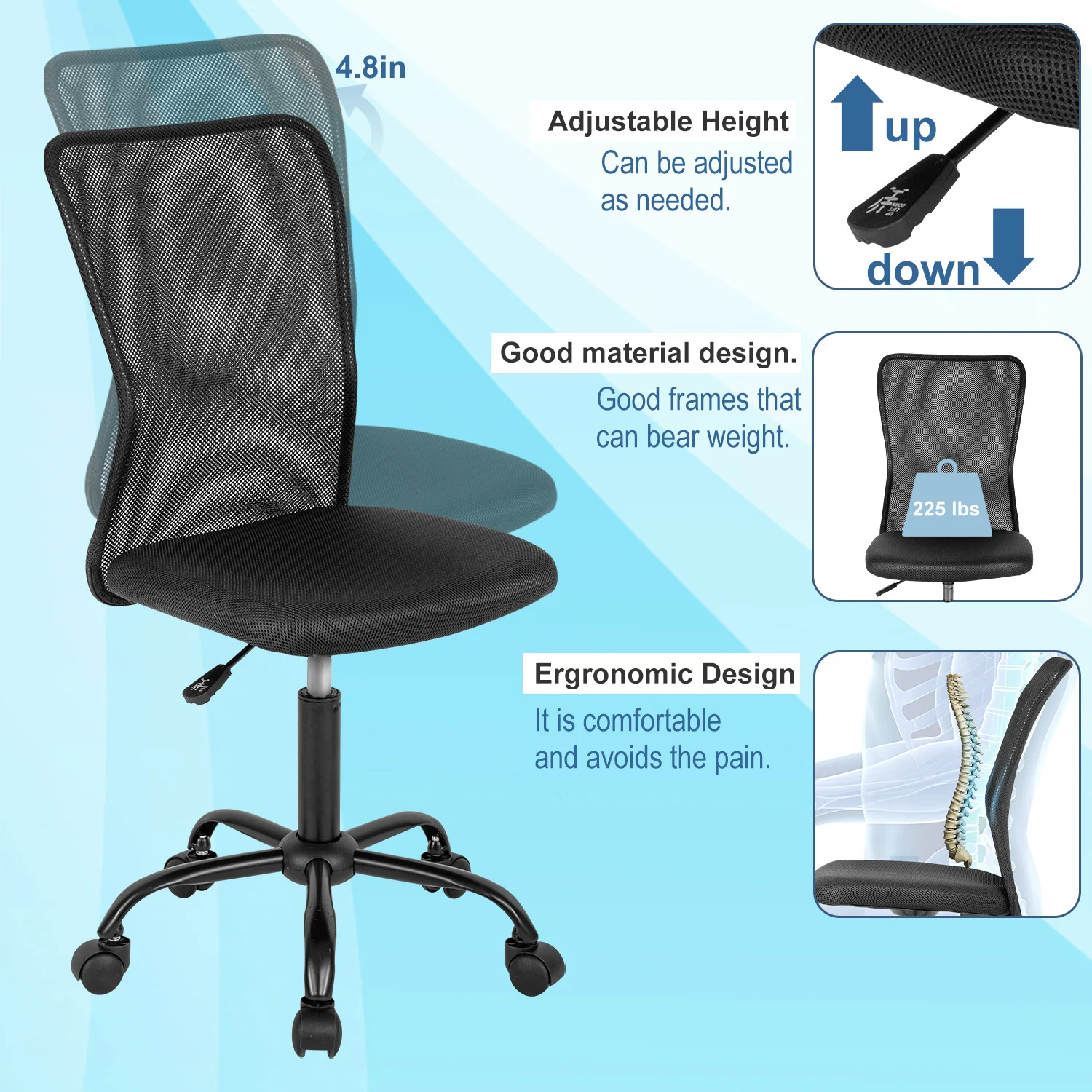 كرسي مكتب مريح، كرسي كمبيوتر شبكي أسود بدون ذراع مع دعم قطني، كراسي مكتب دوارة تنفيذية حديثة