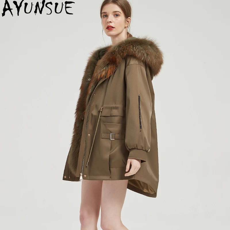 AYUNSUE Rex Rabbit Fur Coat Mid-long Real Fur Parka Women Winter Clothes Warm Raccoon Fur Collar New in Coats Пальто Женское