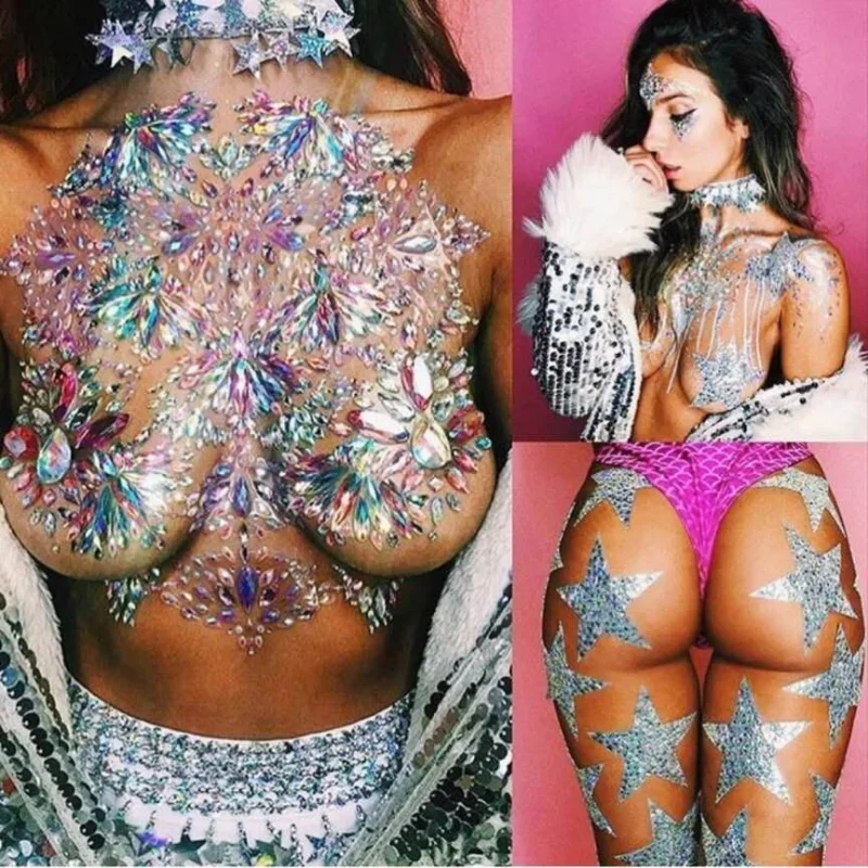 Pegatinas de tatuaje falso temporal para mujeres, joyas de cristal para el pecho, pegatinas de diamantes de imitación, sombra de ojos, ojos