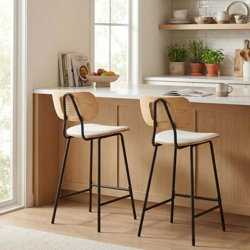 

Set of 2 26 Rattan Back Counter Stools with Metal Legs, White PU Leather Seats for Kitchen or Island