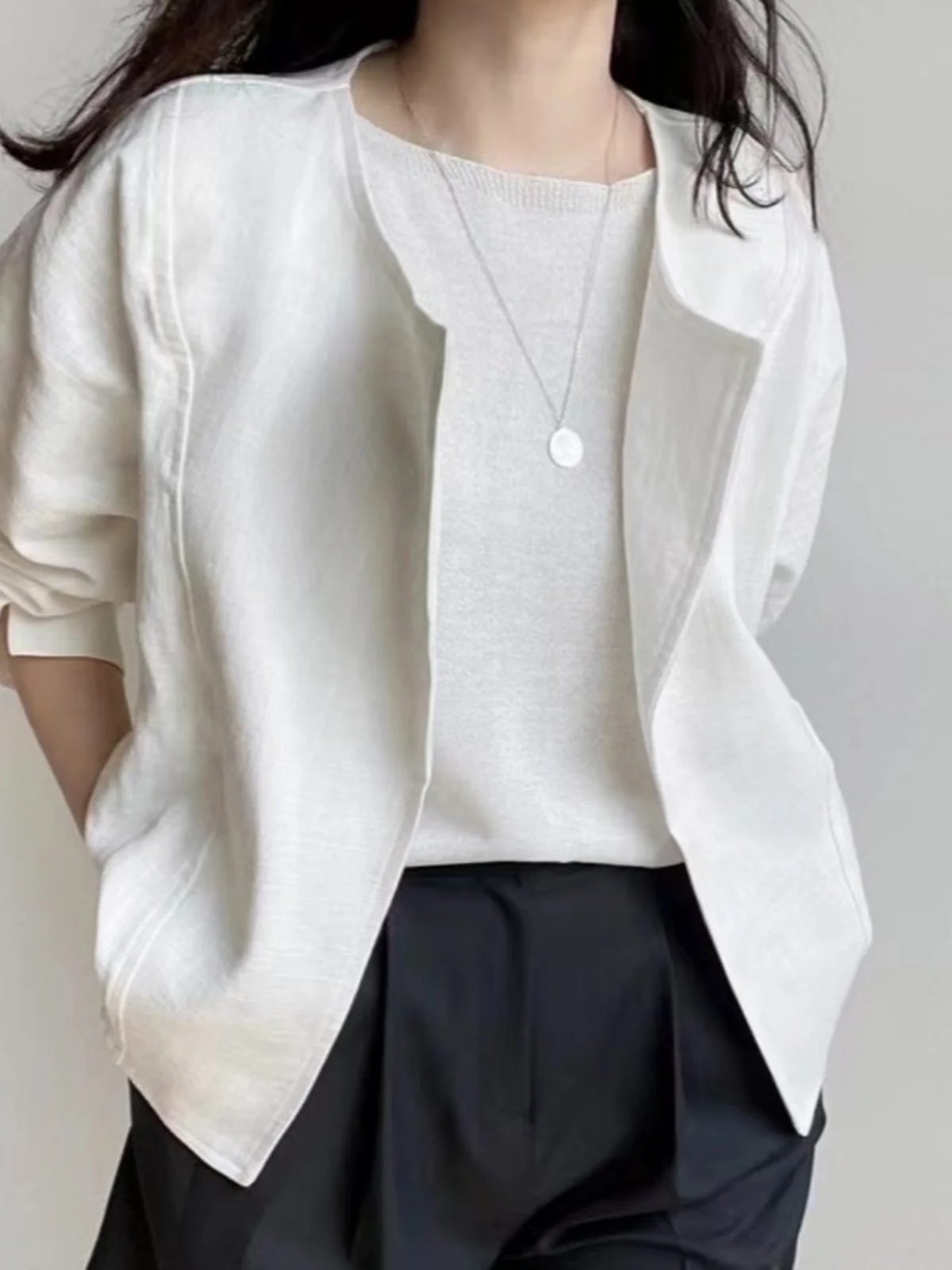 

Loose Women's ort Jaet Spring Summer New Korean Version Chic Artistic Casual Versatile Top Commute Sle Long Sve roun...