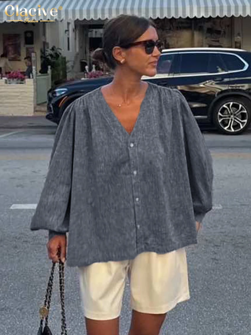 

Clacive Fashion Loose Blue Linen Women's Shirt 2025 Casual V-Neck Puff Sleeve Shirts Elegant Classic Solid Tops Female Clothing