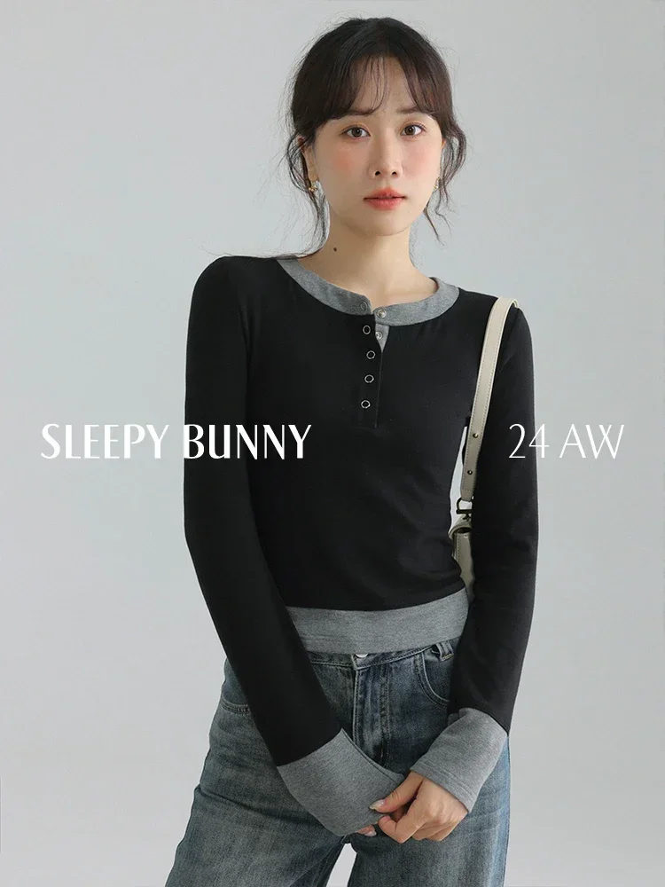 

Winter Women Slim Fit Fake Two-Piece Design Long Sleeve T-Shirt Short Cropped Base Top Elegant Petite Style Casual Inner Wear