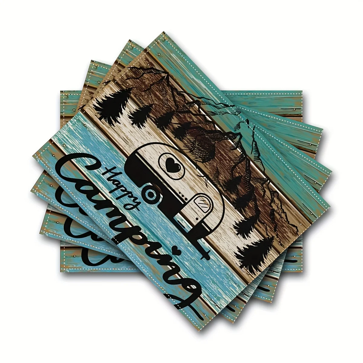 Camper Kitchen Party Table Mats Happy Camping Table Place Mats  Car Wood Grain Placemats for Dining Table