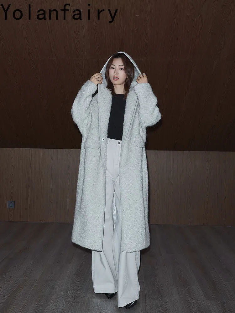 YOLANFAIRY 2026 New Autumn Winter Women Luxury Wool Alpaca Mohair Blend Coat Hooded Loose Woolen Jacket Hooded Long Overcoat