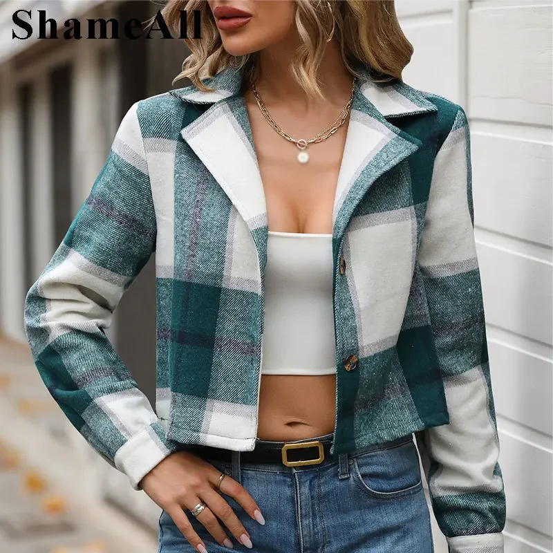 Autumn Green Plaid Patchwork Cropped Coats Women Fashion Long Sleeve Short Bomer Jackets Boyfriend Biker Outwear