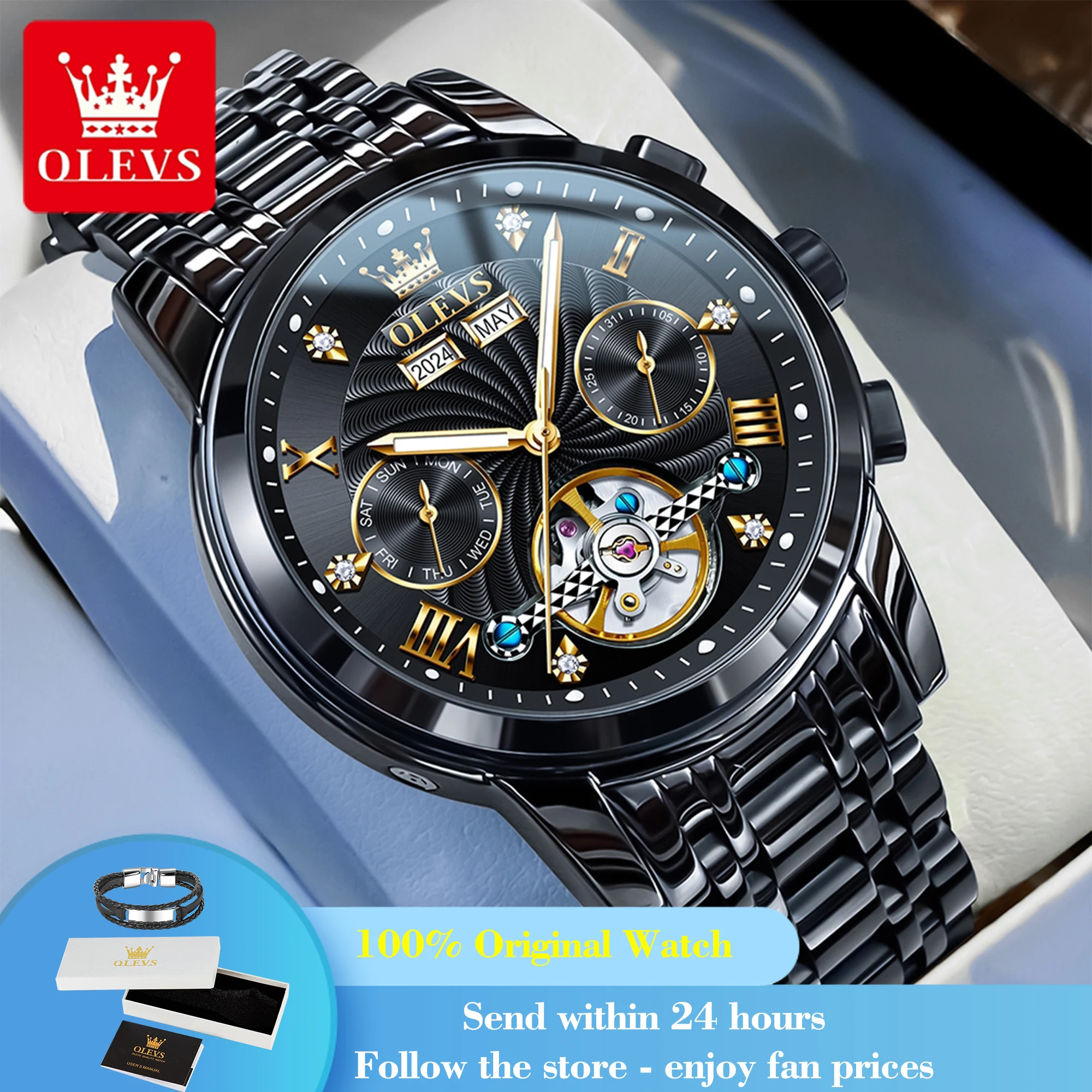 

OLEVS 7088 Men Watch Top Brand Hollow Skeleton Fashion Waterproof Mechanical Watch For Men Luminous Date Steel Strap Wristwatch