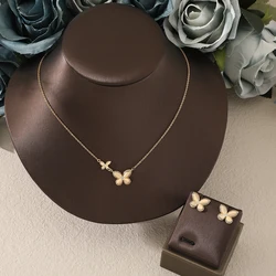 Women Fashion Tredny Sweet Copper Zircon Butterfly Design Necklace Earrings Party Wedding Jewelry Set Accessory