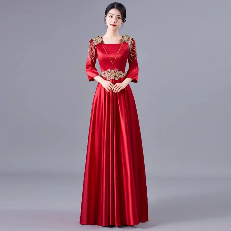 Women costume Luxury Dresses spring 2025New Elegant stage performance long Party dress Y2K Red chorus host solo bridesmaid dress