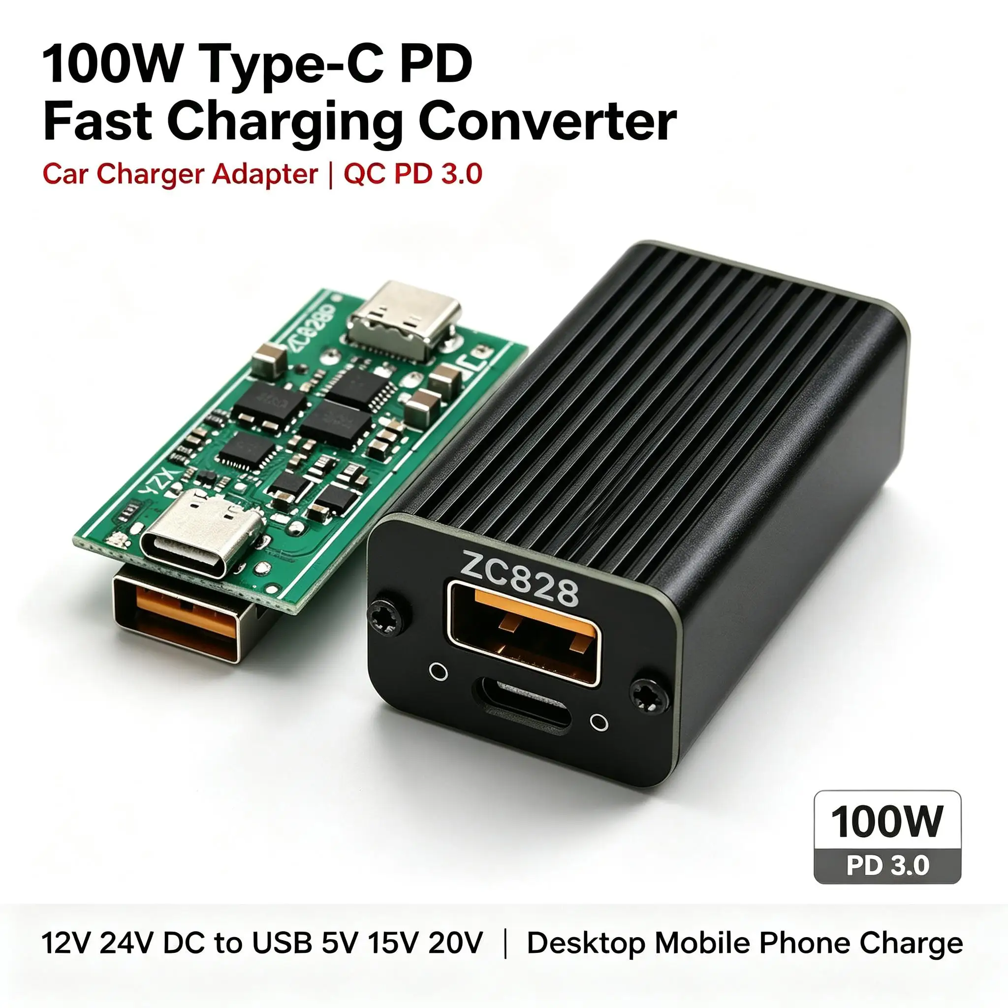 DYKB PD3.0 12V 24V DC TO USB 100W TypeC PD Fast Charging Converter Car Charger Adapter QC 5V 15V 20V Desktop Mobile Phone Charge