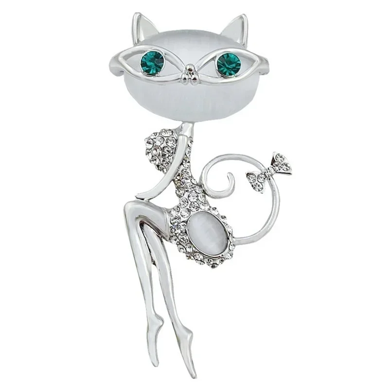 Women Fashion Opal Rhinestone Wear Glasses Cat Brooches Cute Cat Pins Wedding Accessories Enamel Pin Clothes Decoration