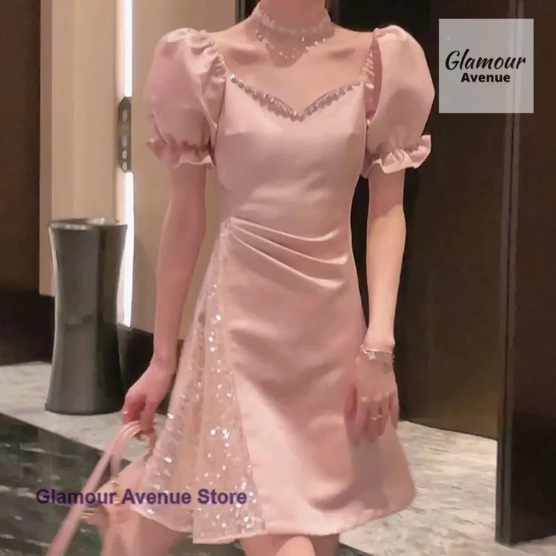 

French luxury dress with high sense for women's summer new waist, fashionable temperament and diamond-encrusted short skirt.