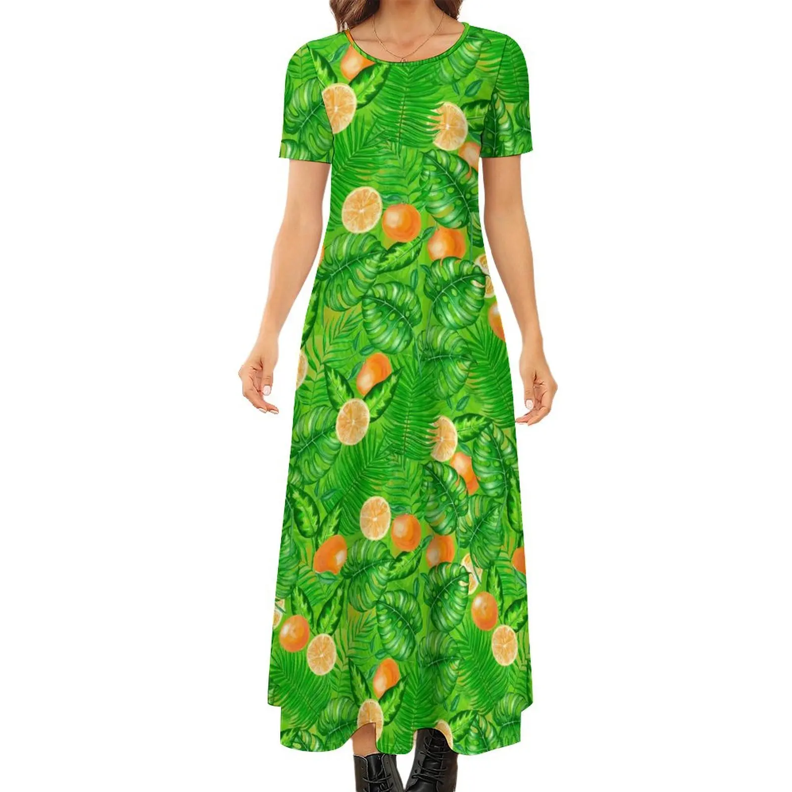 

Fruit Dress Oranges And Tropical Leaves Elegant Maxi Dress Short Sleeve Streetwear Bohemia Long Dresses Women Oversize Clothes