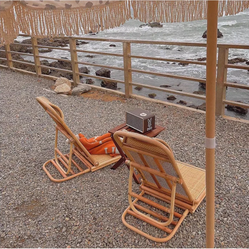

Rattan Weaving Beach Chair Foldable Lounge with Adjustable Backrest Portable Tatami Seat for Camping/Balcony Modern Furniture