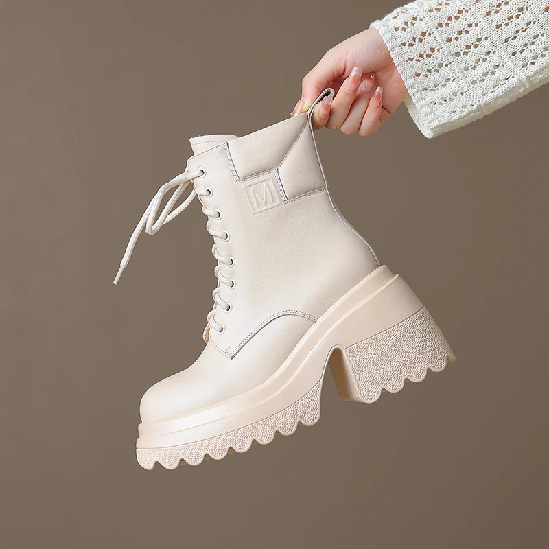 

New Women Boots Genuine Leather Cowhide Chelsea Thick-soled Wedge Heel Boots Outdoor Dance Shoes