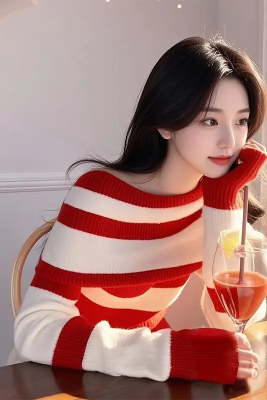 Women's Stripe Off Shoulder Knit Sweater Winter Base Layer Unique Beautiful Knit Top Autumn Winter Tops