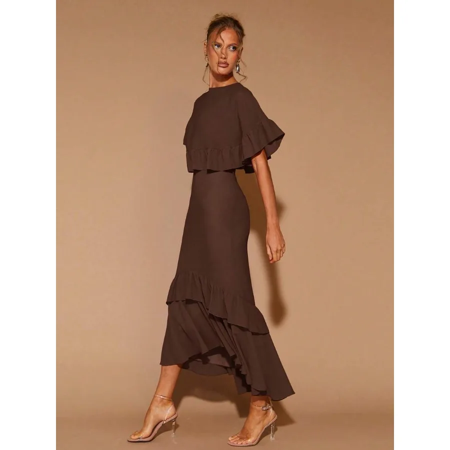 

【New Arrival】Brown Ruffled Capelet Midi Dress for Women Round Neck Asymmetric Tiered Hem Formal Evening Party Gown