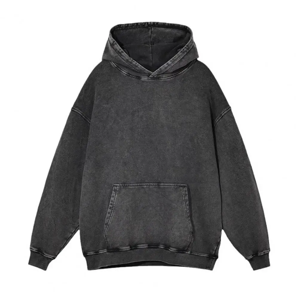 

Unisex Hoodie Big Pocket Hooded Loose Distressed Washed Sweatshirts Elastic Cufs Sloping Shoulder Pure Color Loose Sportwear Top