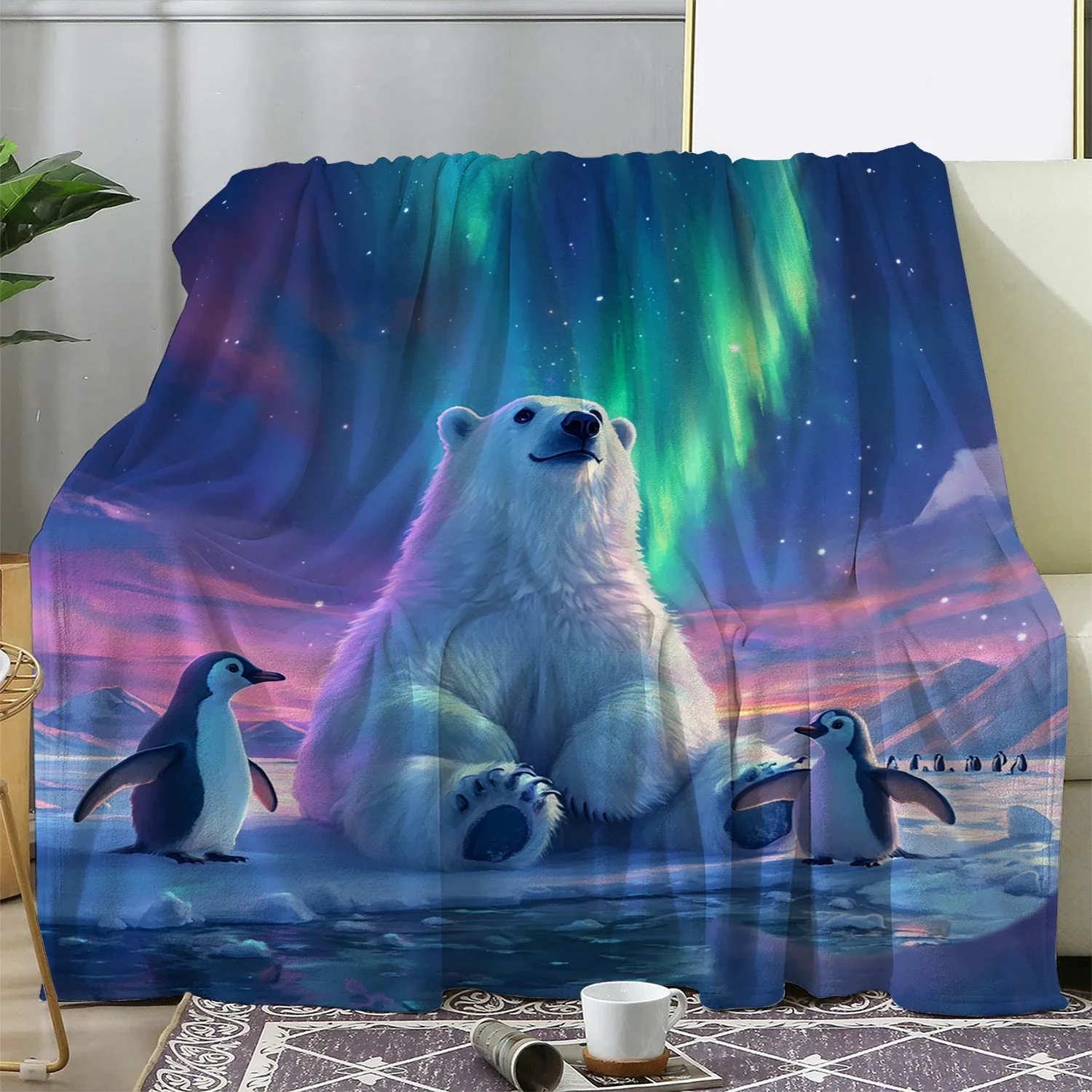 

Warm Cozy Flannel Throw Blanket with Polar Bear Penguin Aurora Print Perfect for Bed or Sofa Enhance Your Home Textile Collectio