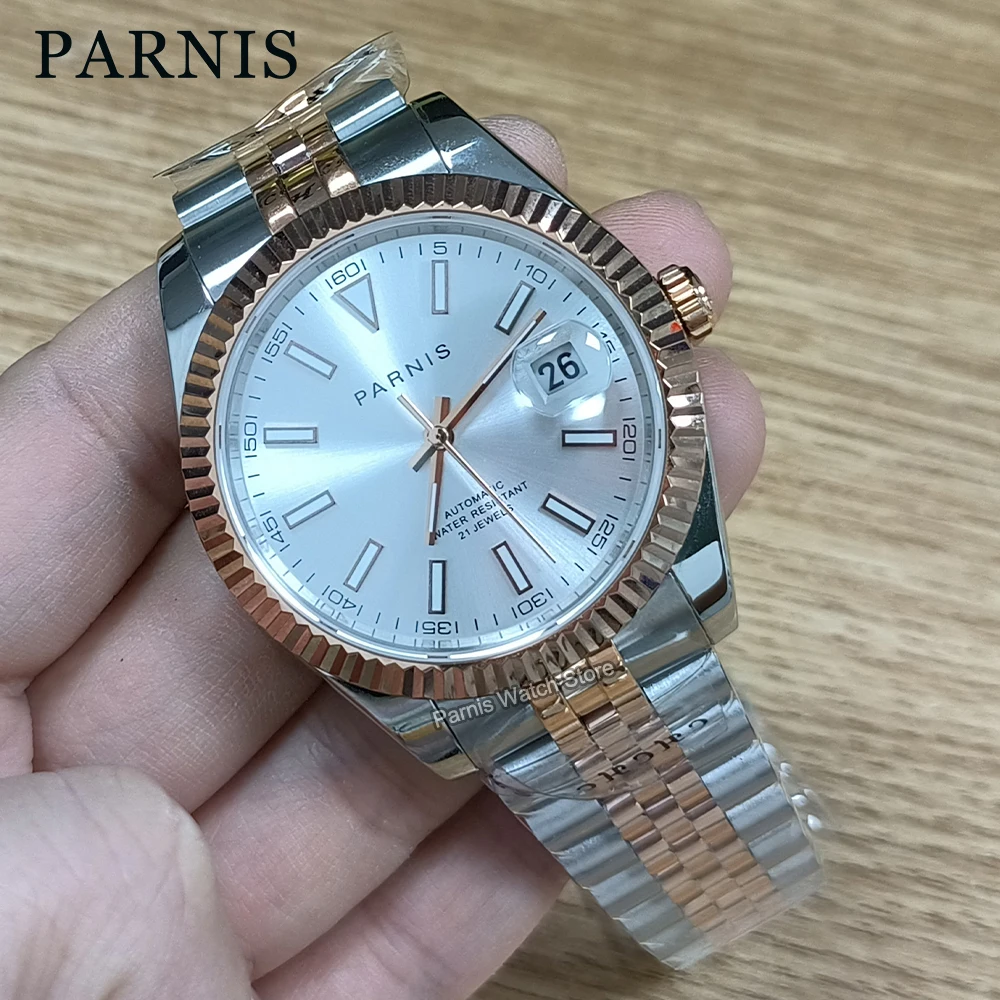 Parnis 39,5 mm Japan Miyota8215 Automatikwerk, weißes Zifferblatt, leuchtende Marker-Herrenarmbanduhr