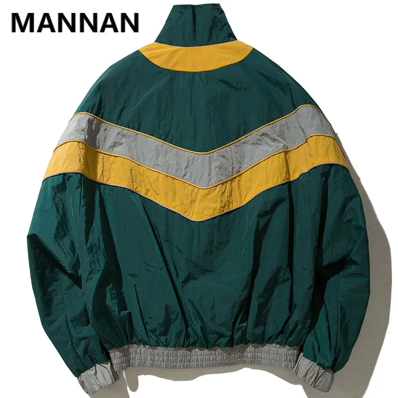 MANNAN Vintage Multicolor Color Block Patchwork Windbreaker Jackets 2023 Autumn Hip Hop Streetwear Zip Up Track Casual Jackets