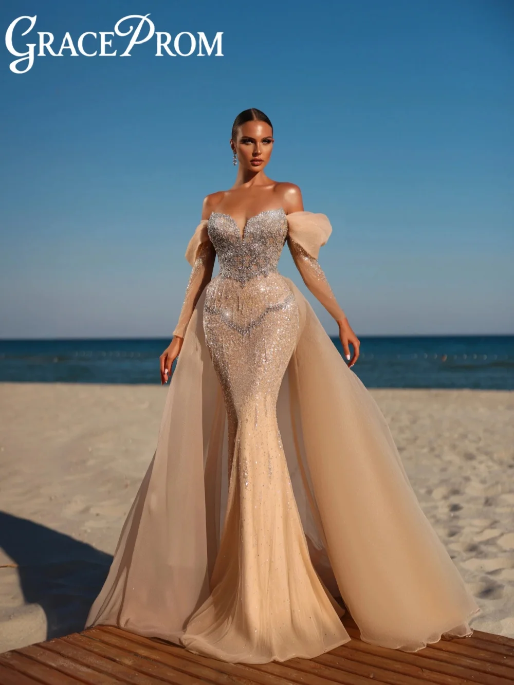 

Блестящее роскошное вечернее платье с открытыми плечами и бисером, стильное вечернее платье русалки с v-образным вырезом, платья для выпускного вечера со съемным шлейфом по индивидуальному заказу