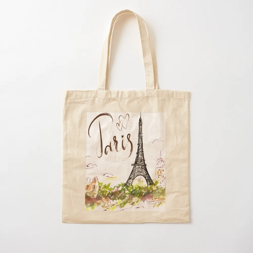 Paris Eiffel Tower illustration, Eiffel Tower Drawing Illustration, Hand-painted Eiffel Tower Tote Bag