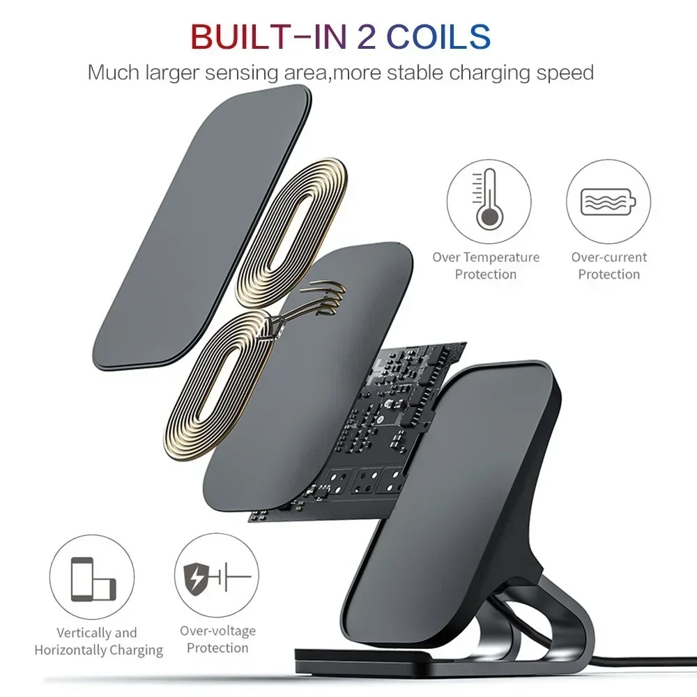Wireless Charger Mount 10W 7.5W 5W Qi Fast Charging Pad 2 Coils Case Friendly Anti Slip Rubber Type C Input
