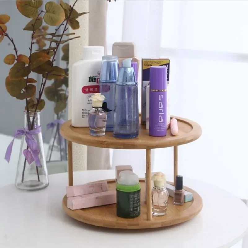 Bamboo turntable spice rack 2-layer bamboo kitchen counter top cabinet, rotary condiment storage box, cosmetics shelf