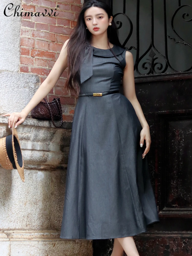 

French High-end Vintage Hepburn Style Crew Neck Bow Sleeveless High Waist Belt Slim A-line Temperament Grey Long Dress For Women