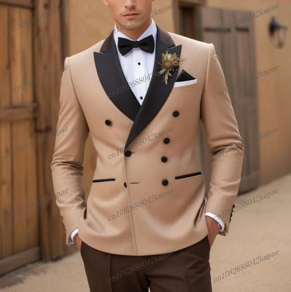 

Black collar Brown Pants Champagne Men Suit Formal Groom Groomsman Wedding Party Prom Business Male 2 Piece Set Blazer Pants