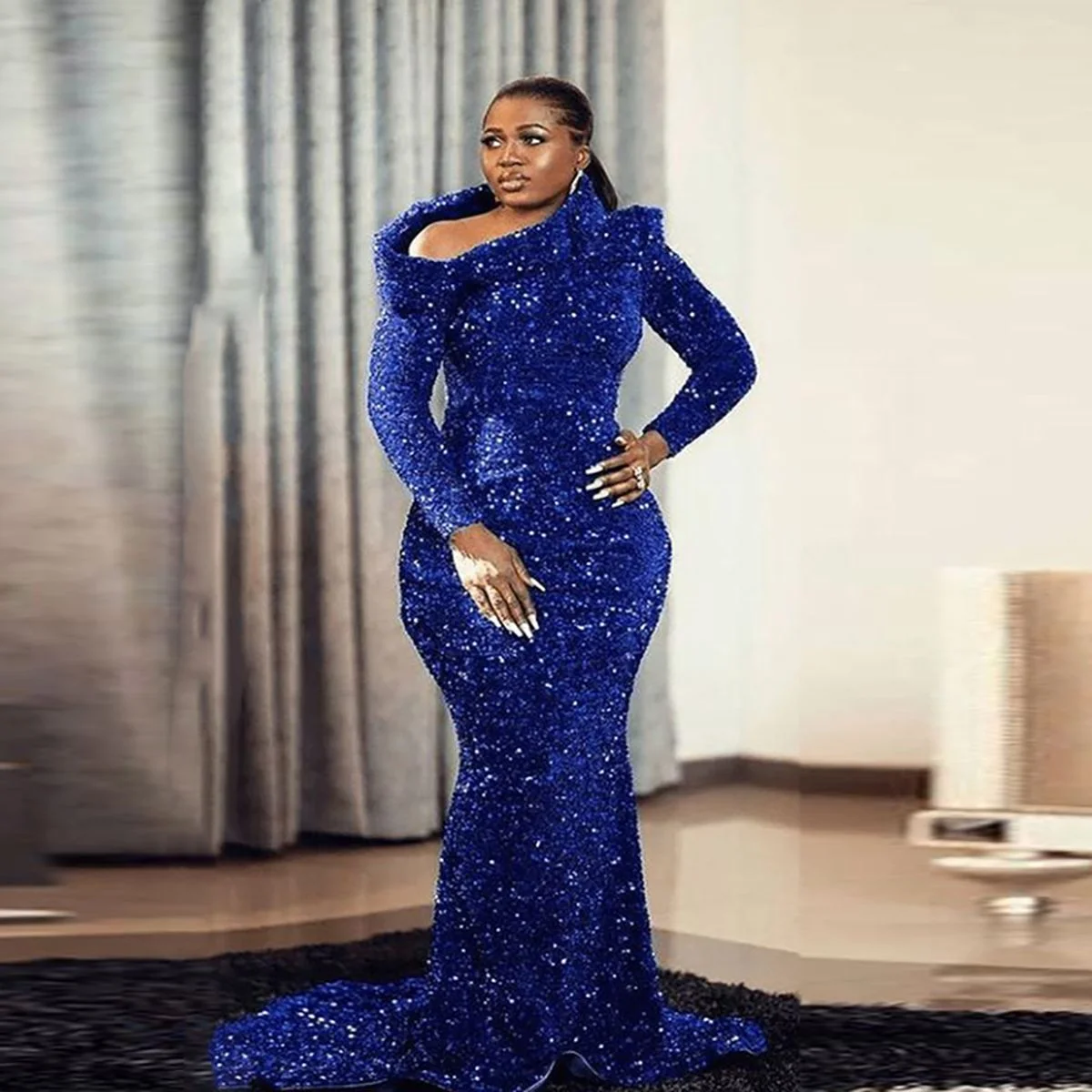 Vestidos de noite africanos plus size, decote sereia, mangas compridas, lantejoulas até o chão, vestido de baile, vestidos de festa formais, azul royal