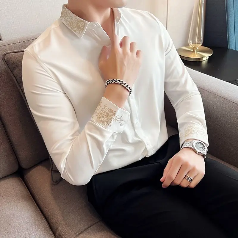 

2023 Autumn New Solid Long Sleeve Dress Shirt Men Clothing Simple Fashion Slim Fit Casual Formal Wear Office Blouse Homme H41