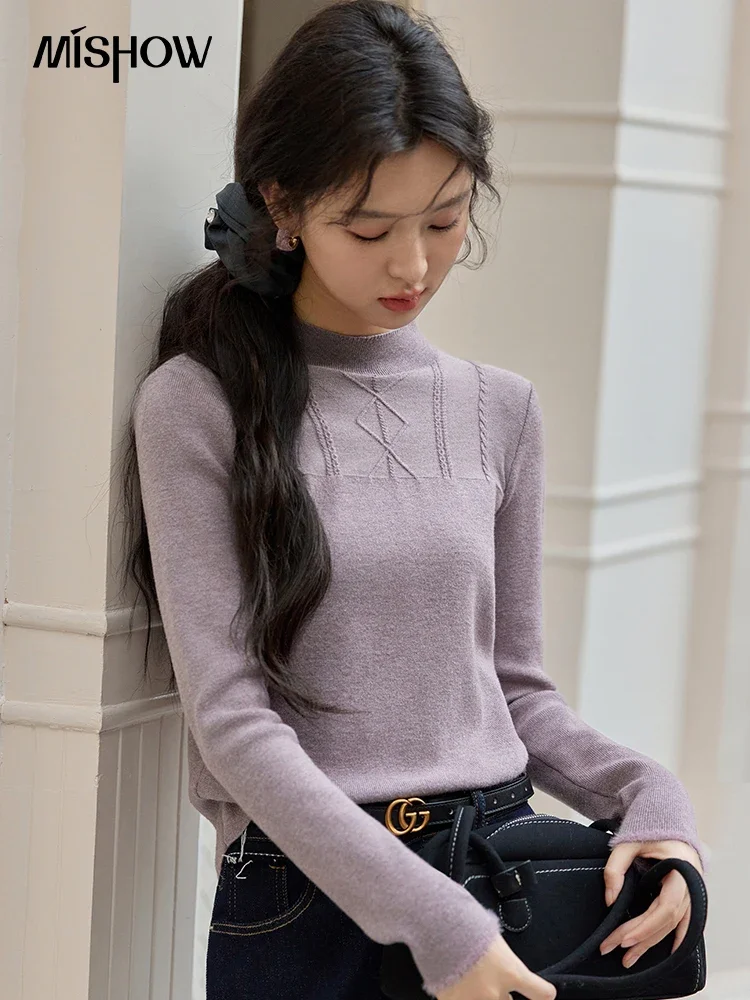 MISHOW Solid Knit Sweater Women 2024 Autumn Winter Half High Collar Slim Bottoming Pullovers Thin Slim Simple Sweater MXD46Z0802