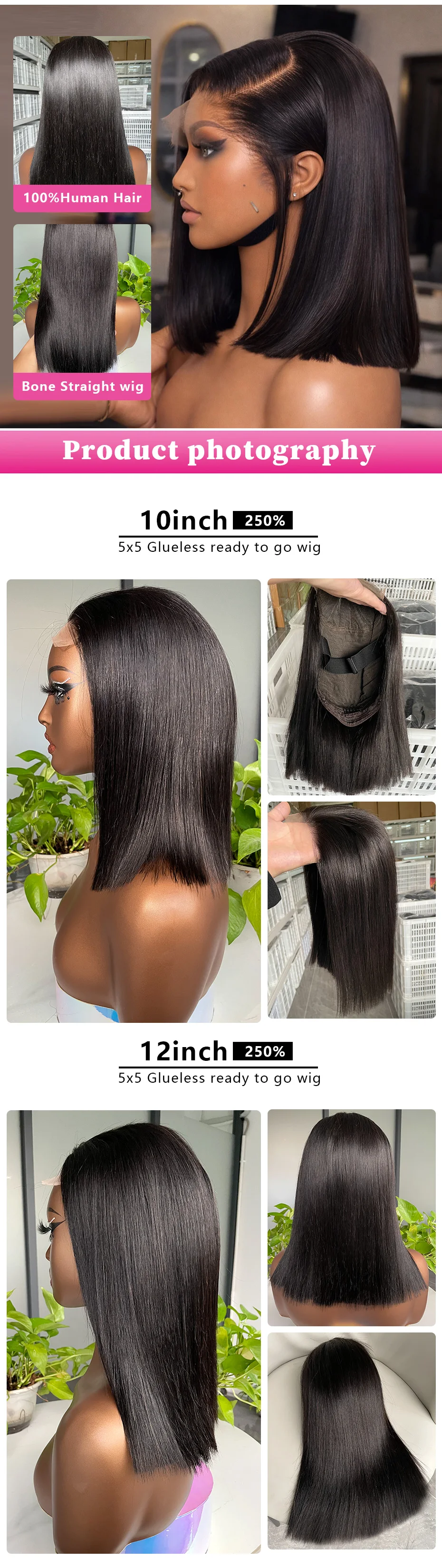 5x5 2x6 Ready to Go Glueless Wig 100% Human Hair Wig Raw Vietnamese 13x4 13x6 Transparent Lace Frontal Bob Wig 15A Bone Straight
