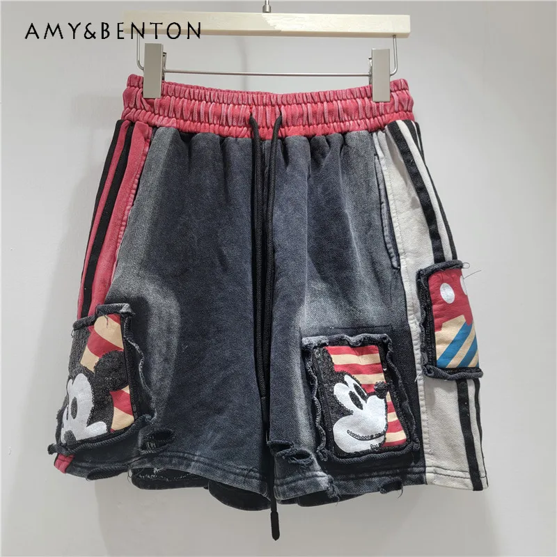 

2025 Summer New Fashion Brand Washed Short Pants Elastic Waist Wide Legs Diamond Drills Versatile Casual Booty Shorts For Women