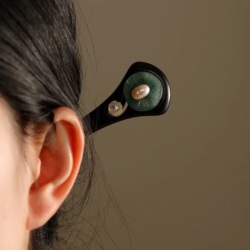 

U-Shaped Hair Stick with Jade Lotus Design – Black Sandalwood Chinese Style Hairpin for Hanfu, Qipao & Daily Wear
