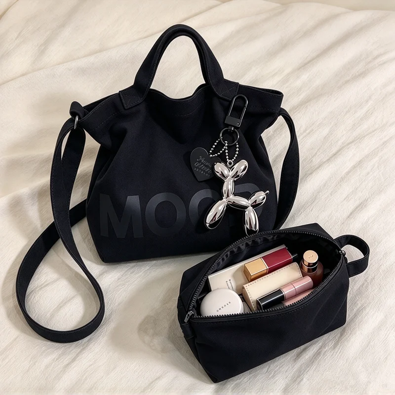 Stylish Women Shoulder Tote Bag with Pendant Makeup Pen Pouch Canvas Handbag Purse Crossbody Bag for Teen School Shopping Work