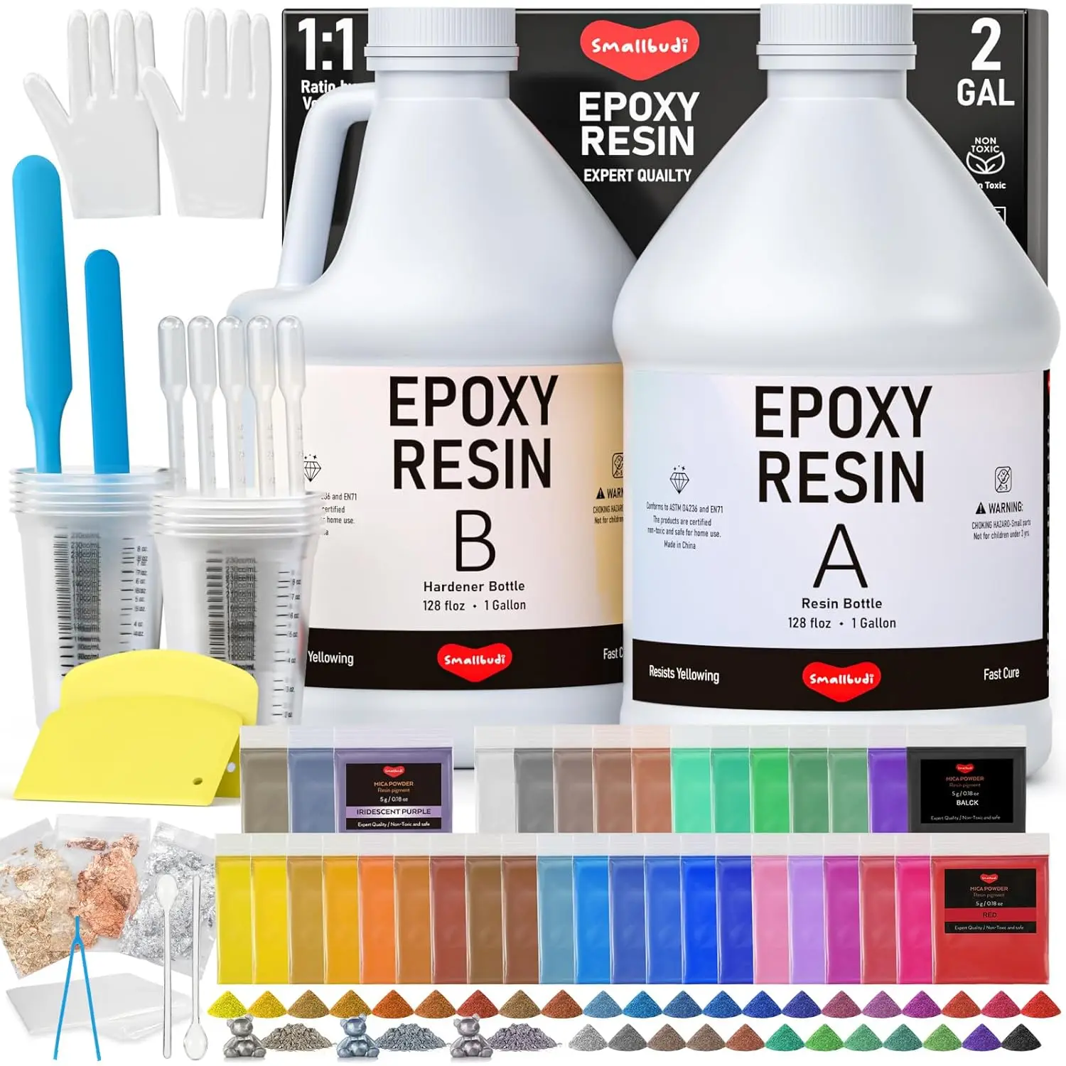 2 Gallon Epoxy Resin Kit With 36 Colors Mica Powder, Gold Foil, Cups & Stick, Crystal Clear Resin Beginner Supplies For Coating