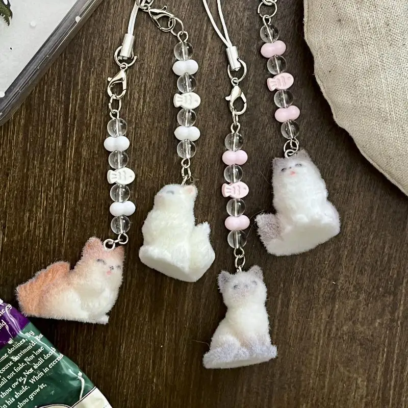 Cute Creative Flocking Cat Beading Pendant Keychain Cartoon Mobile Phone Chain Backpack Decoration Gifts Women