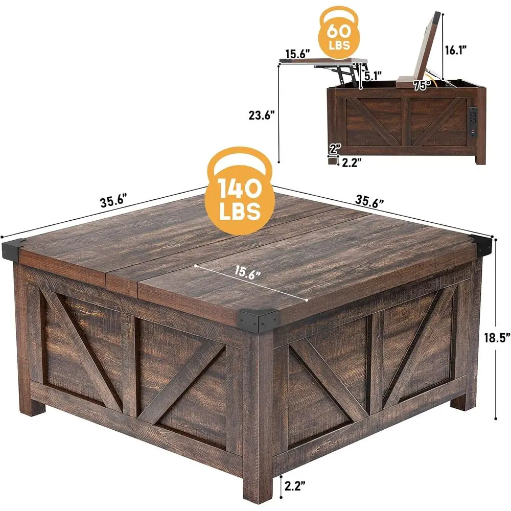 armhouse Lit Top Coee Table with Storage, Wood Square Center Table with Charging Station&USB Port, Living Room Table w/Large Hid