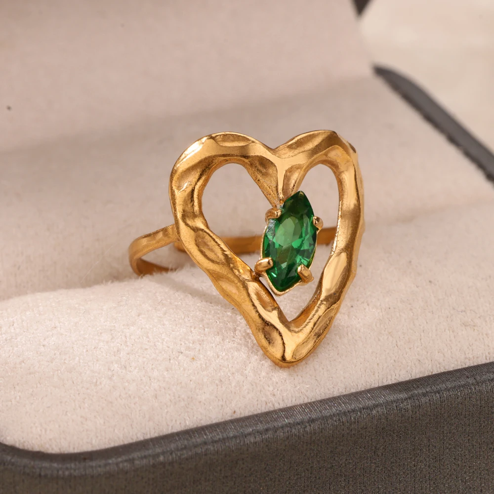 Green Heart Square Zircon Open Rings For Women 2024 Trend Gold Color Stainless Steel Ring Wedding Jewelry Christmas Gifts
