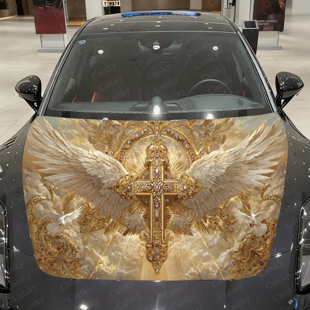 

Виниловая наклейка на автомобиль Holy Light Wings Cross, водонепроницаемая наклейка на капот автомобиля из ПВХ, самоклеящиеся устойчивые к царапинам наклейки