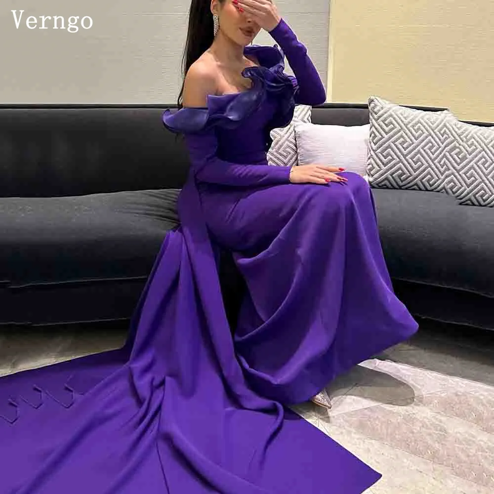 

Verngo Purple Crepe Prom Gowns Simple Sweap Train Mermaid Party Dress Saudi Arabic Full Sleeves Formal Occasion Dress Prom Dress